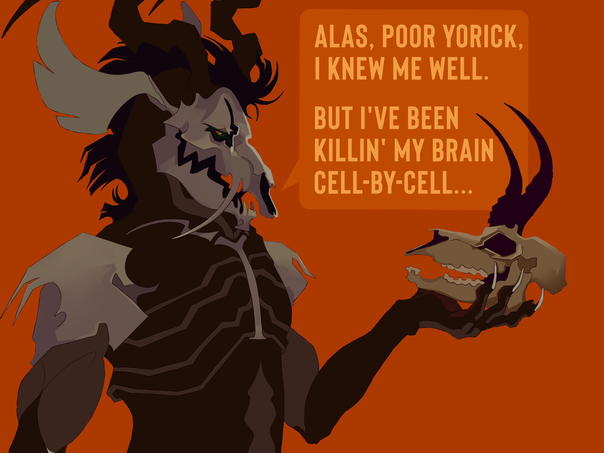 Illustration of a mechanical antelope holding a gazelle skull and speaking the lyrics to The Throne of Agony by Foetus: Alas poor Yorick, I knew me well. But I've been killing my brain cell-by-cell