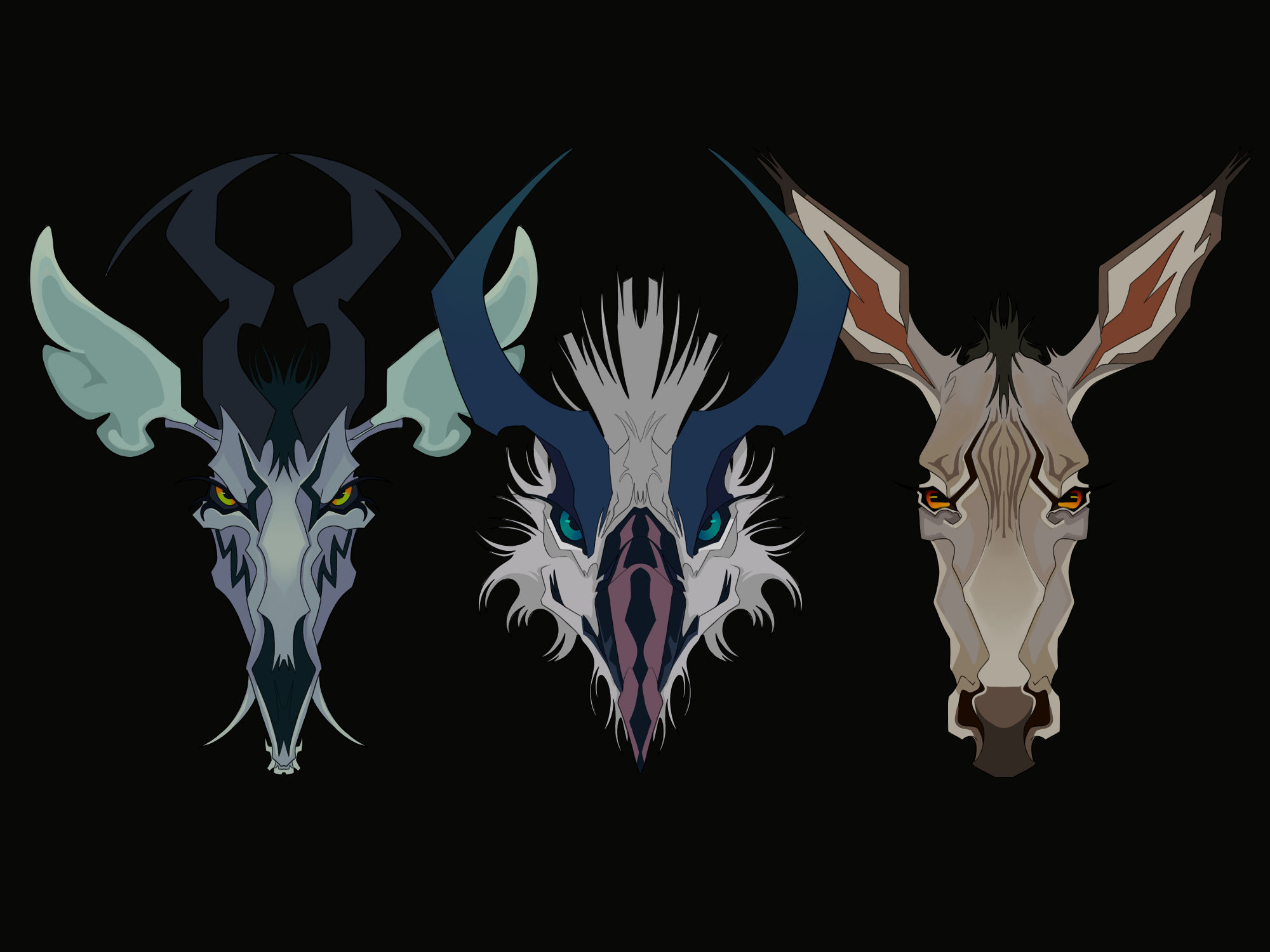 Illustration of three characters' heads in a row. It includes a blue mechanical antelope, a white-feathered avian dragon, and a tan zebra-like donkey.