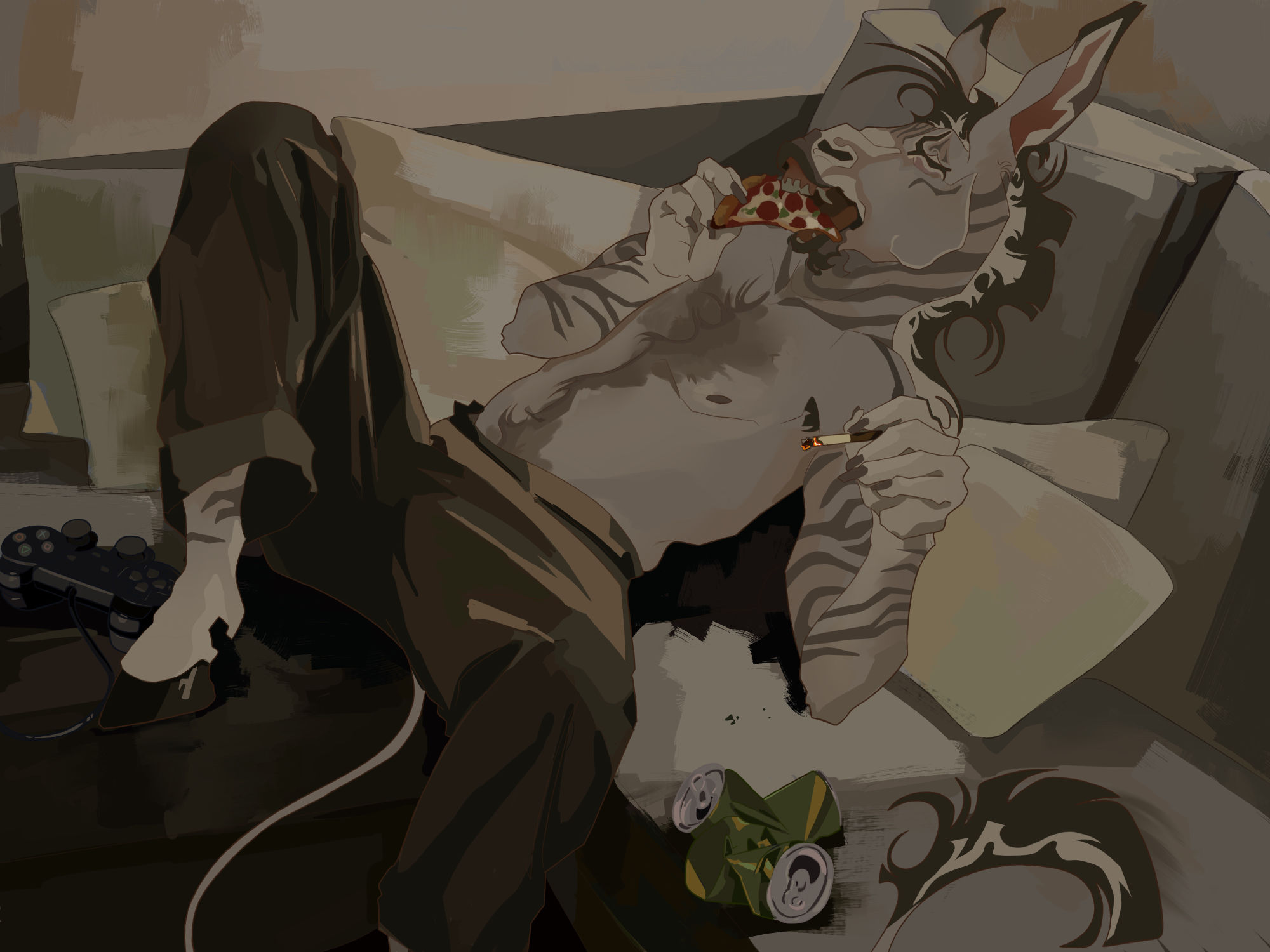 Illustration of an anthropomorphic donkey lounging shirtless on a couch. He is biting into a slice of pizza and holding a cigarette.
