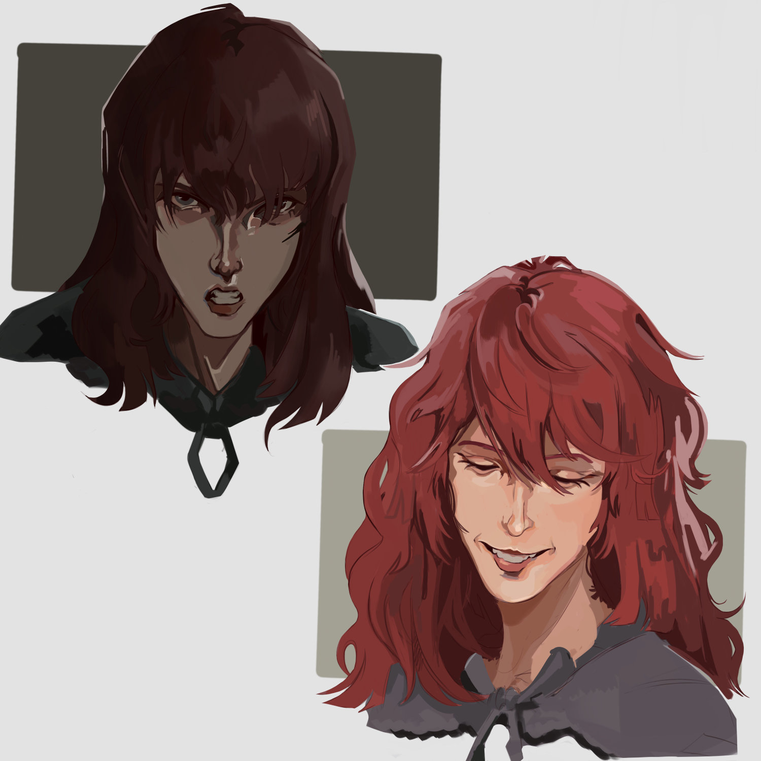 Two distinct painterly sketches of Devola and Popola from NieR Replicant. Popola is baring her teeth in anger and Devola is smiling with her eyes closed.