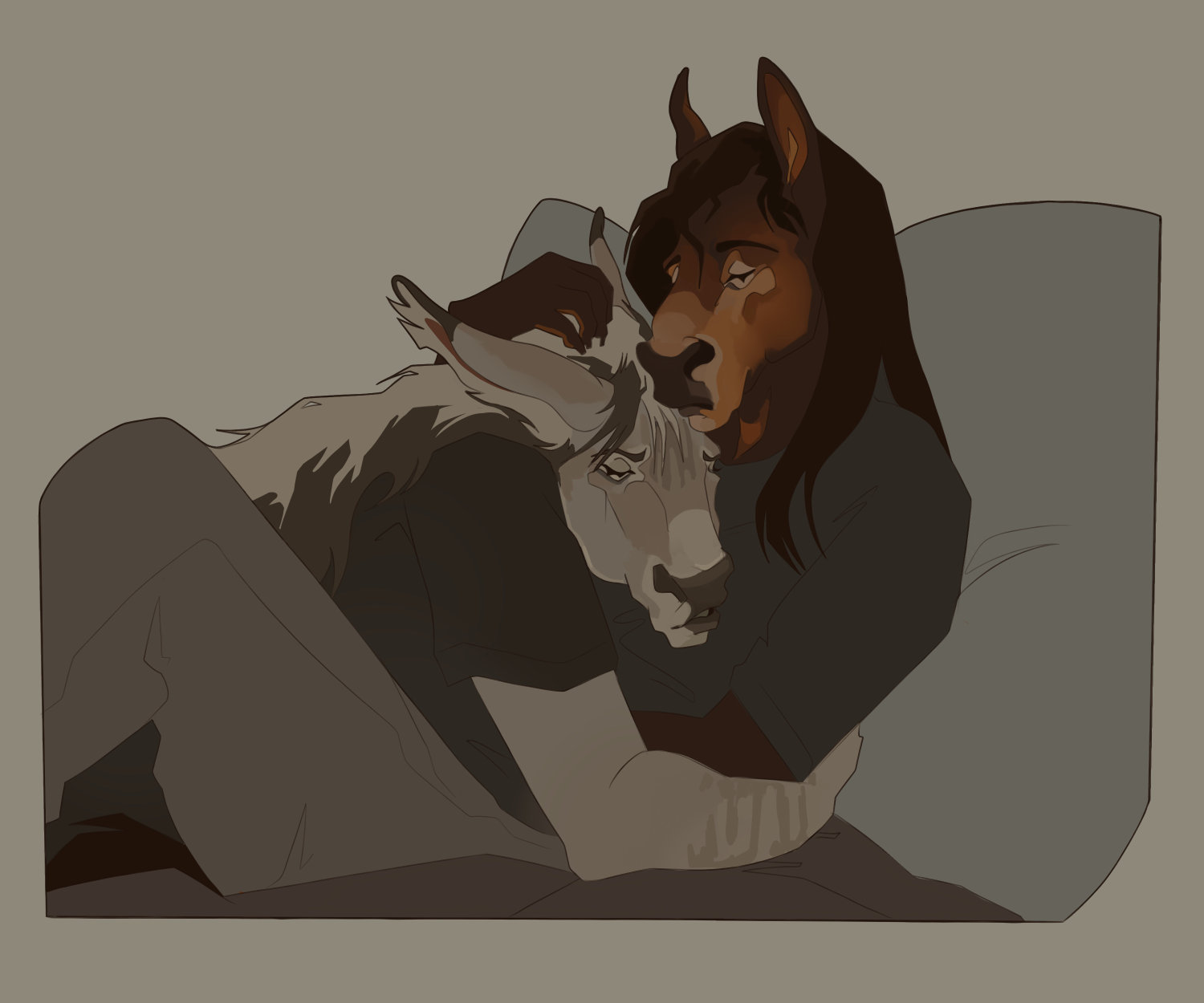 A flat-coloured illustration of an anthropomorphic donkey character embracing Rose, an Exmoor pony.