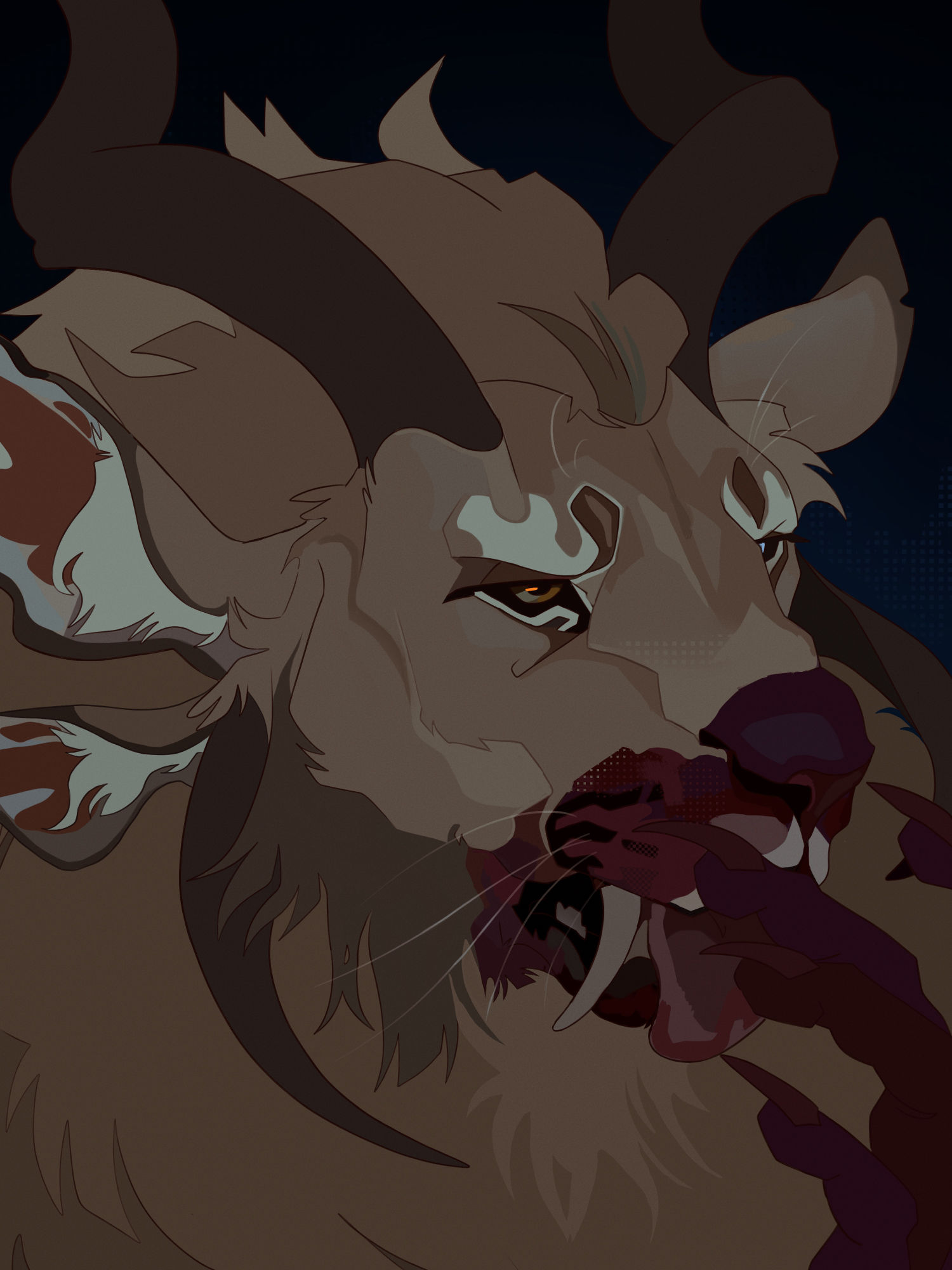 Portrait of my Guild Wars 2 Charr warrior, Mekhanema licking blood off her paw.
