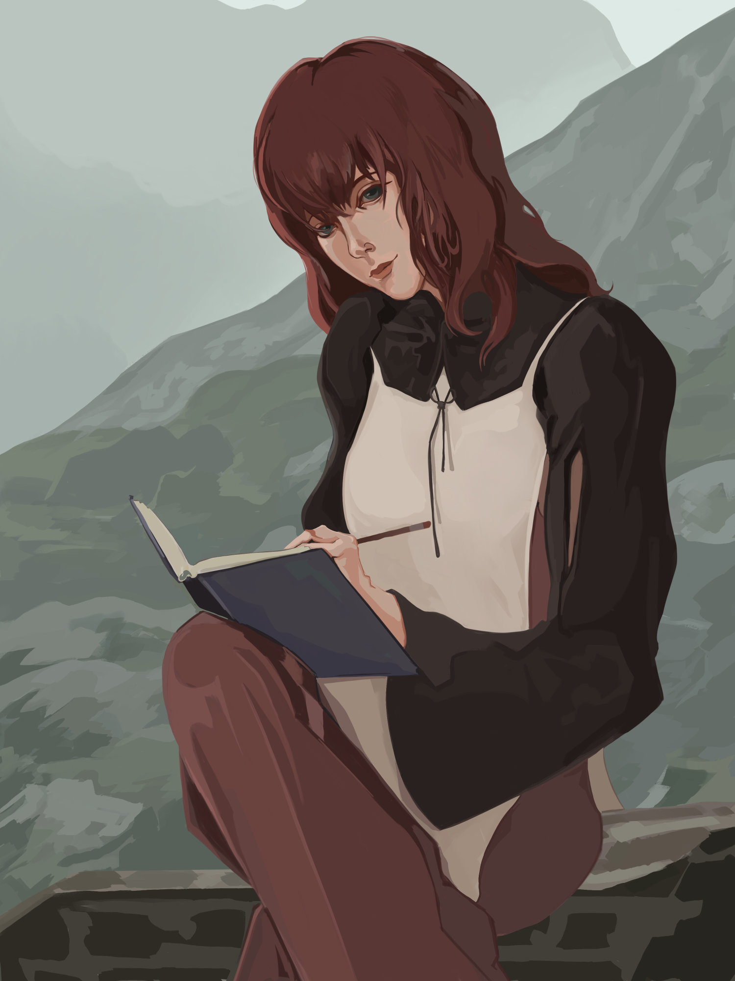 A painterly-style portrait of Popola from NieR Replicant sitting on a brick wall in an overcast, mountainous location and writing in her notebook.