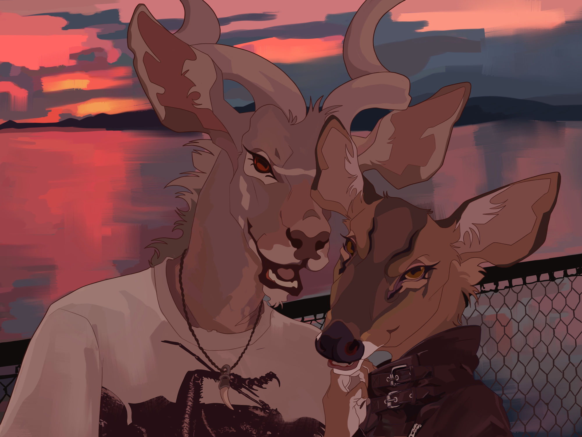 Portrait of an anthropomorphic kudu bull and muntjac doe posing in front of a coastal sunset scene.