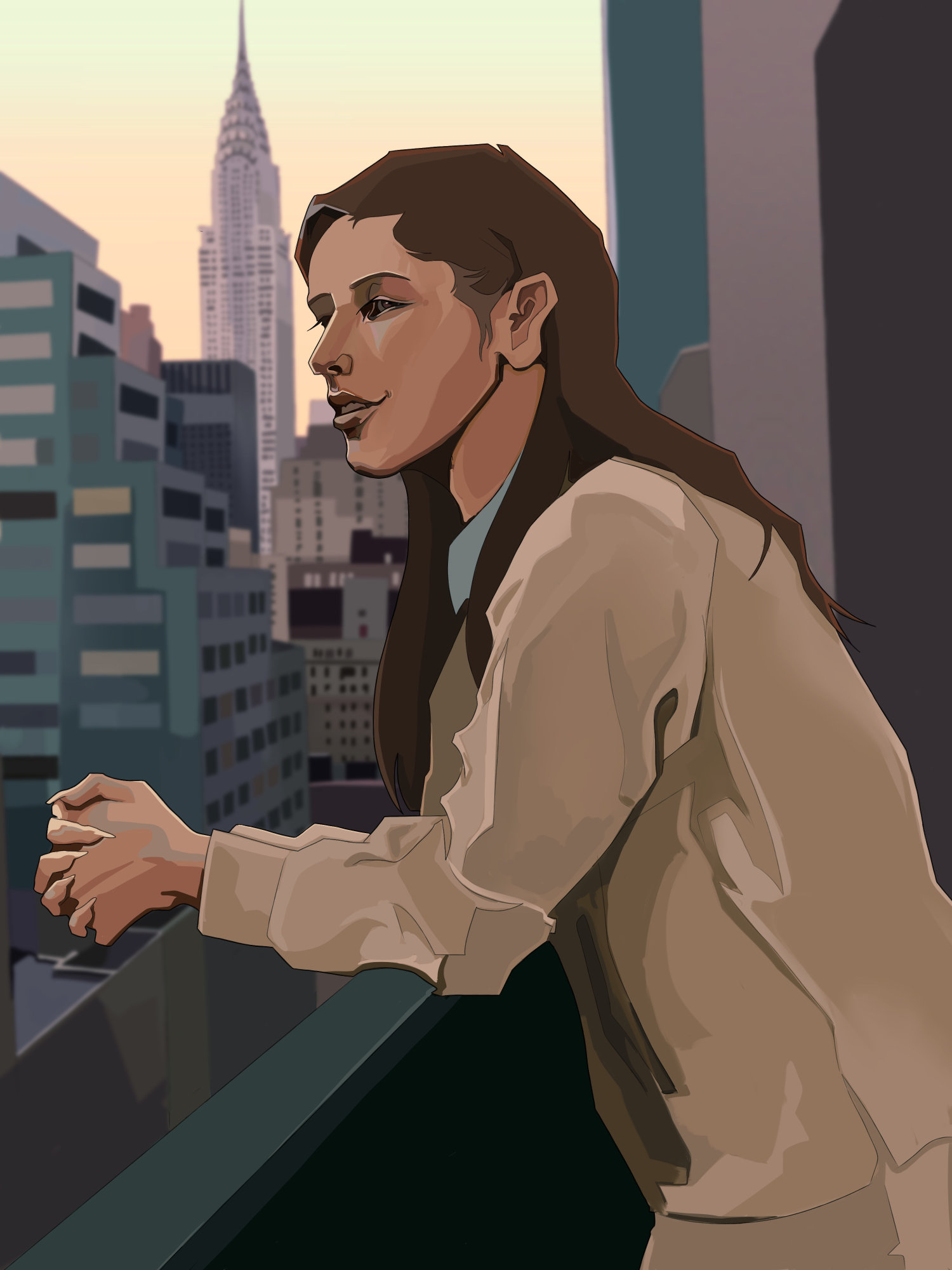 Painting of Rosemary from Metal Gear Solid 2 looking out at New York City.