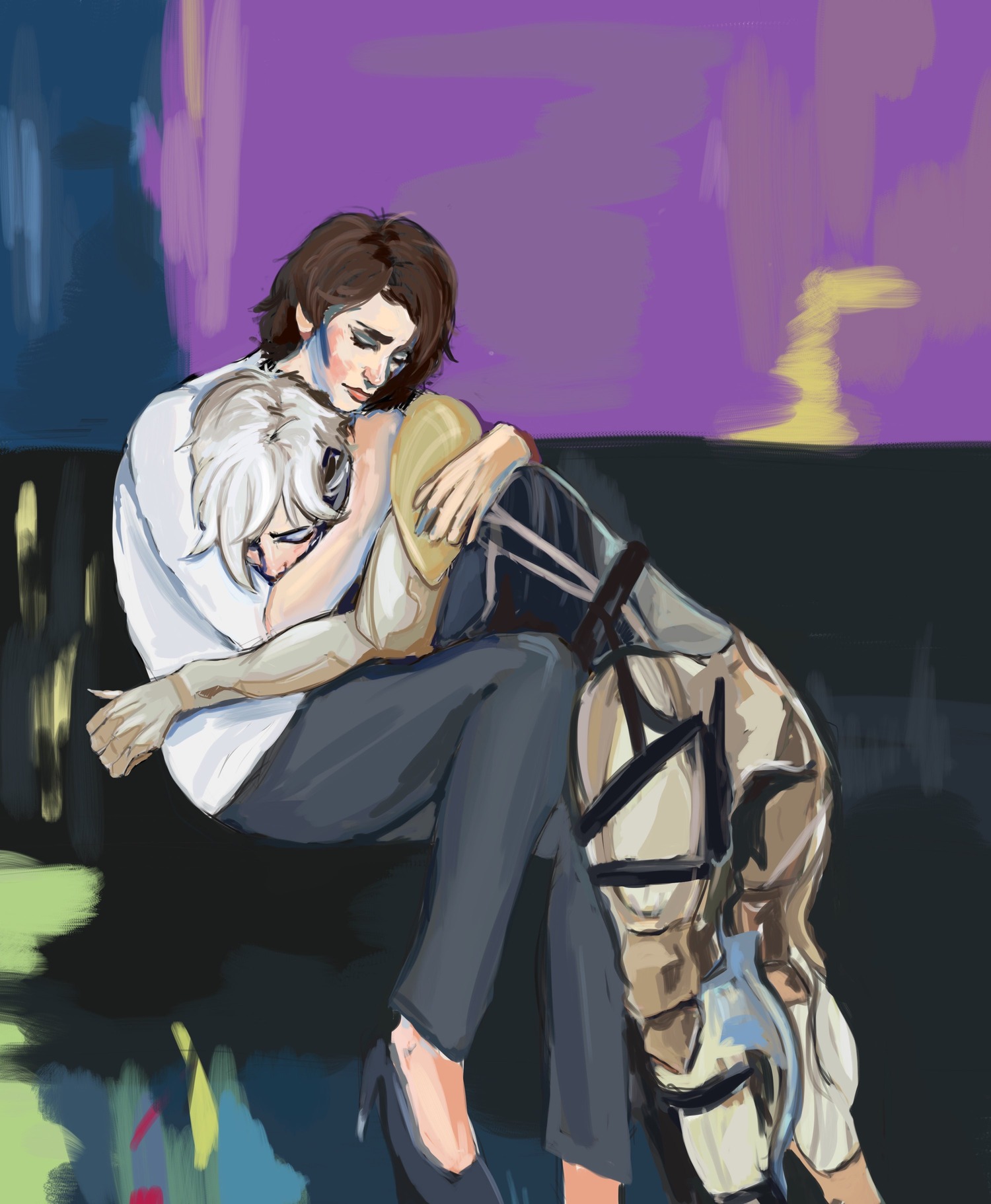 Painting of Rosemary embracing Raiden from Metal Gear Solid 4 in the style of In Her Arms by Malcolm Liepke.