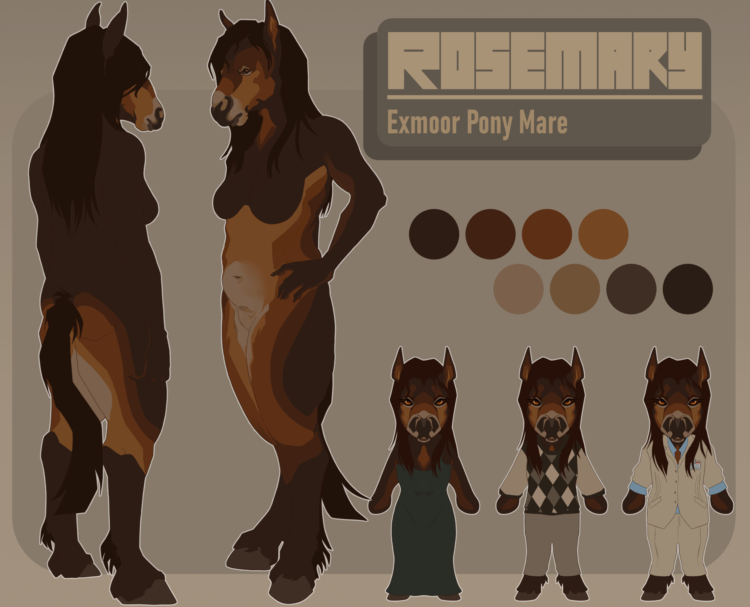 A front-and-back view reference sheet featuring an anthropomorphic Exmoor pony inspired by Rose.