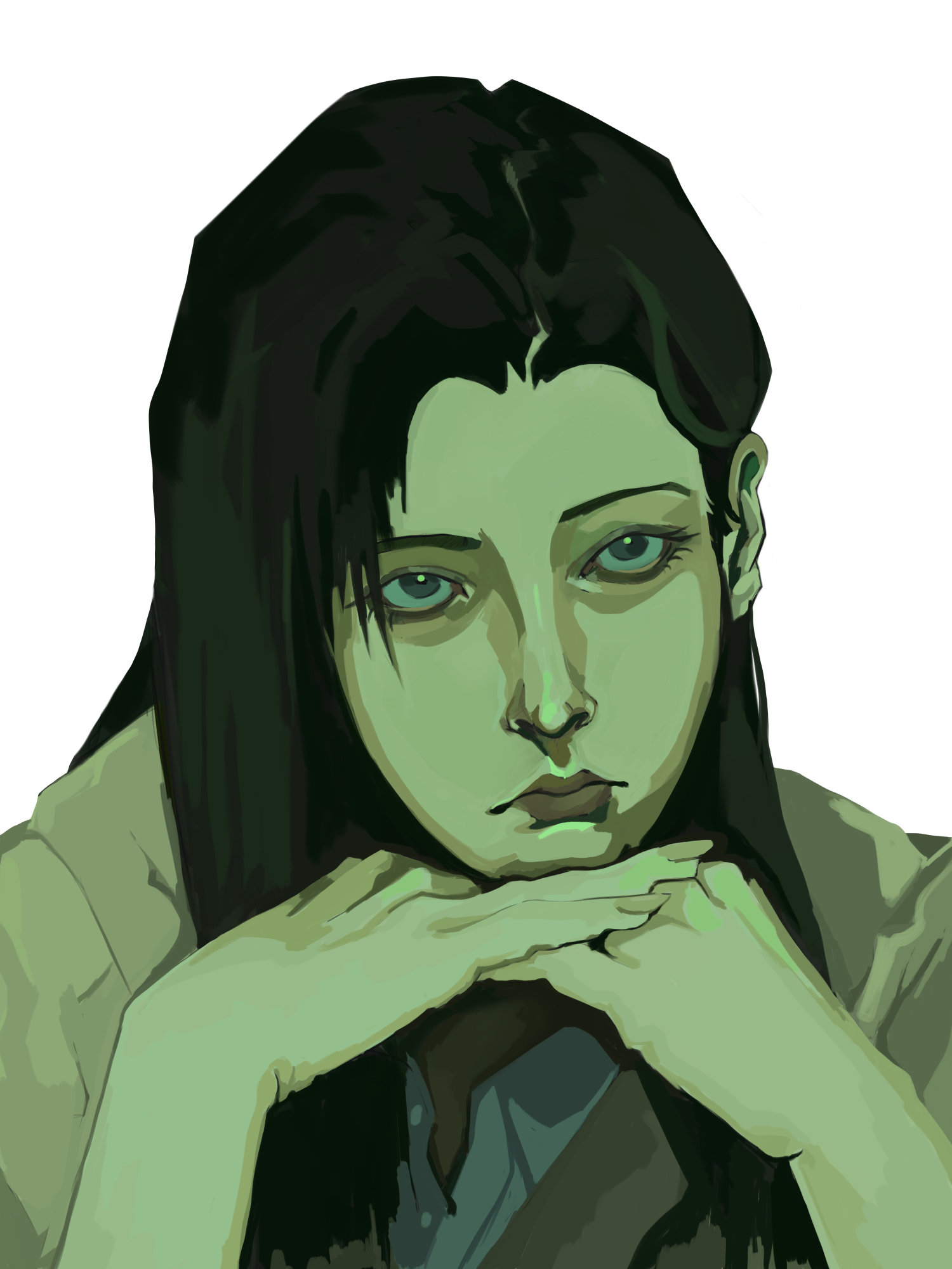 Painterly portrait of Rosemary from Metal Gear Solid 2 resting her chin on her hands and frowning.